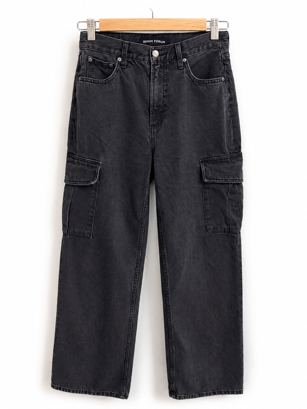 Denim Forum The Farrah Hi-Rise Wide Cargo Jeans Black 26 100% Cotton